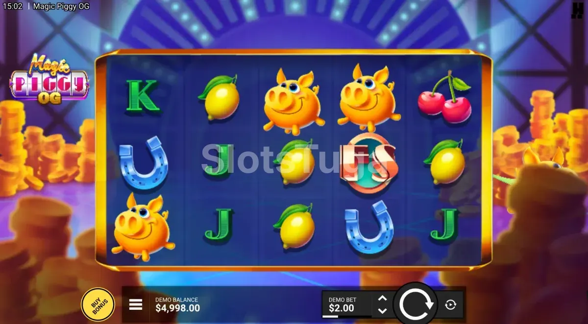 Tela principal do slot Magic Piggy OG com grade 5x3 e cenário de programa de auditório