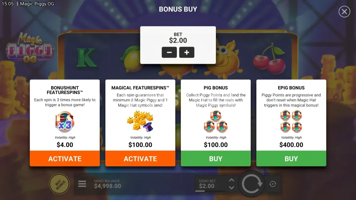 Tela de compra de bônus do slot Magic Piggy OG com opções disponíveis