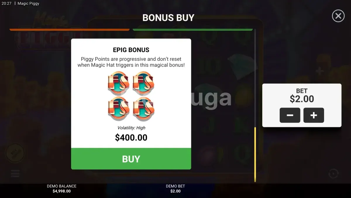 Menu de compra de bônus do slot Magic Piggy