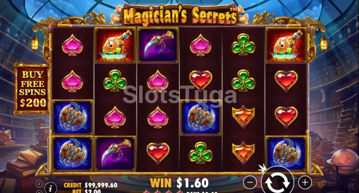Tela principal da slot Magician's Secrets com grade de 6x4 e ambiente místico