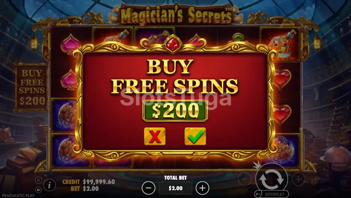 Tela de compra de bônus da Magician's Secrets com opções de giros grátis