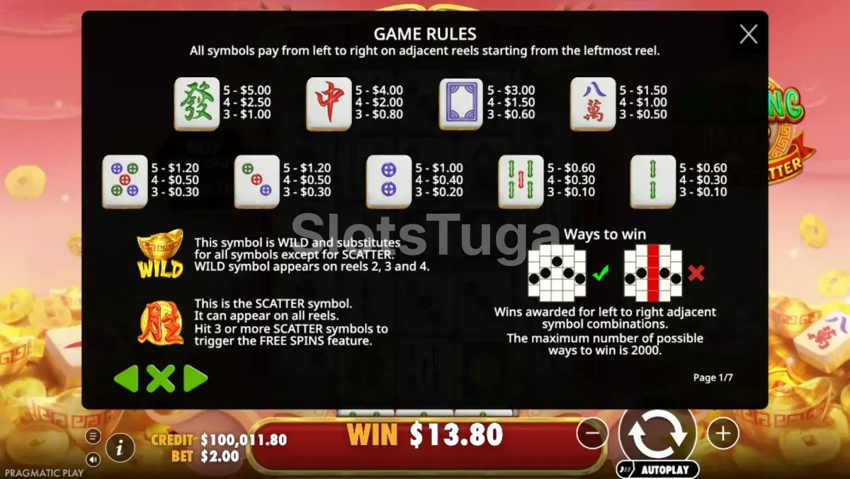 Tabela de pagamentos da Mahjong Wins Super Scatter mostrando os símbolos e seus valores