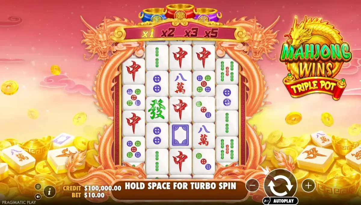 Tela principal do jogo Mahjong Wins Triple Pot com os três potes visíveis
