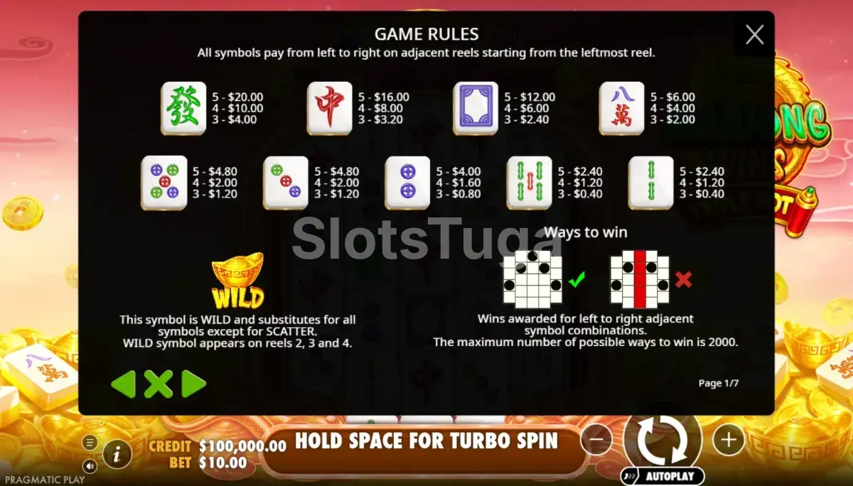 Tabela de pagamentos da Mahjong Wins Triple Pot com símbolos e valores