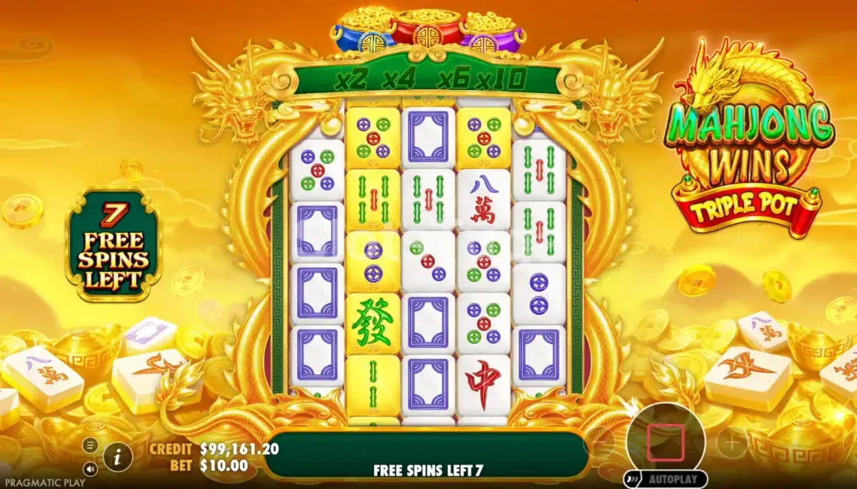 Rodada de giros grátis em andamento na Mahjong Wins Triple Pot