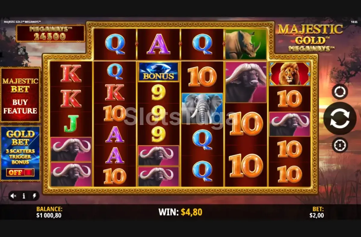 Jogo base da Majestic Gold Megaways com rouleaux em ação