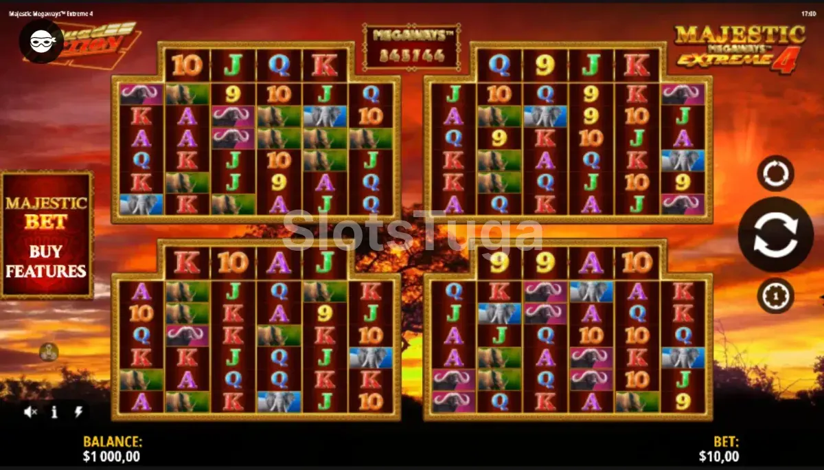 Jogo base da Majestic Megaways Extreme 4 com rouleaux em ação