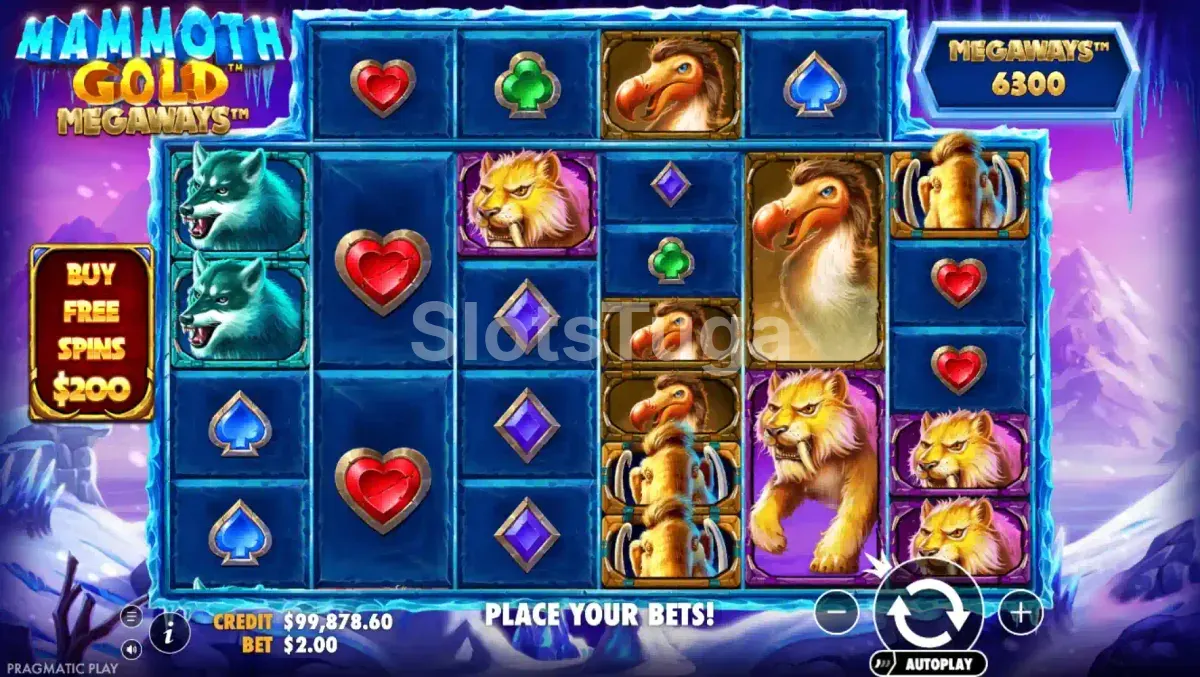 Jogo base do Mammoth Gold Megaways com paisagem congelada e animais pré-históricos