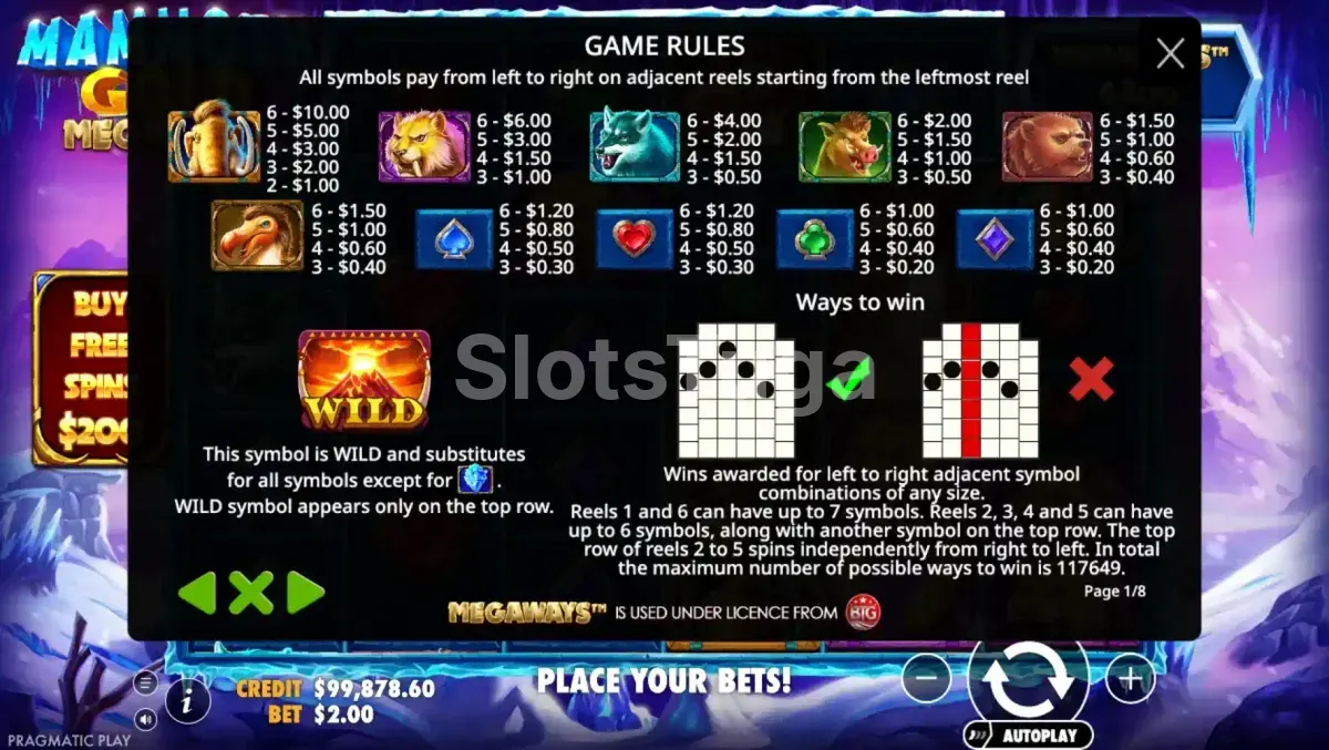 Tabela de pagamentos do Mammoth Gold Megaways com símbolos e valores