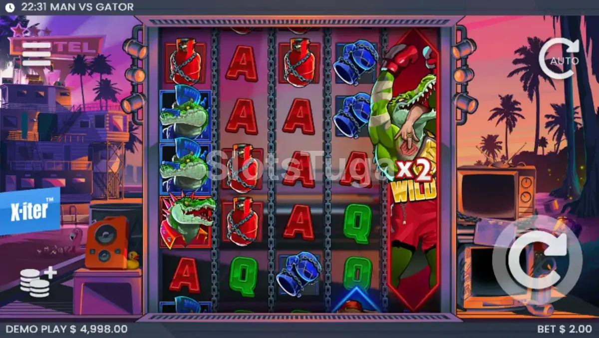 Jogo base do Man vs Gator com grade 5x5 e símbolos coloridos