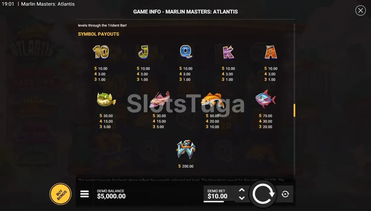 Tabela de pagamentos da Marlin Masters Atlantis mostrando os símbolos e valores