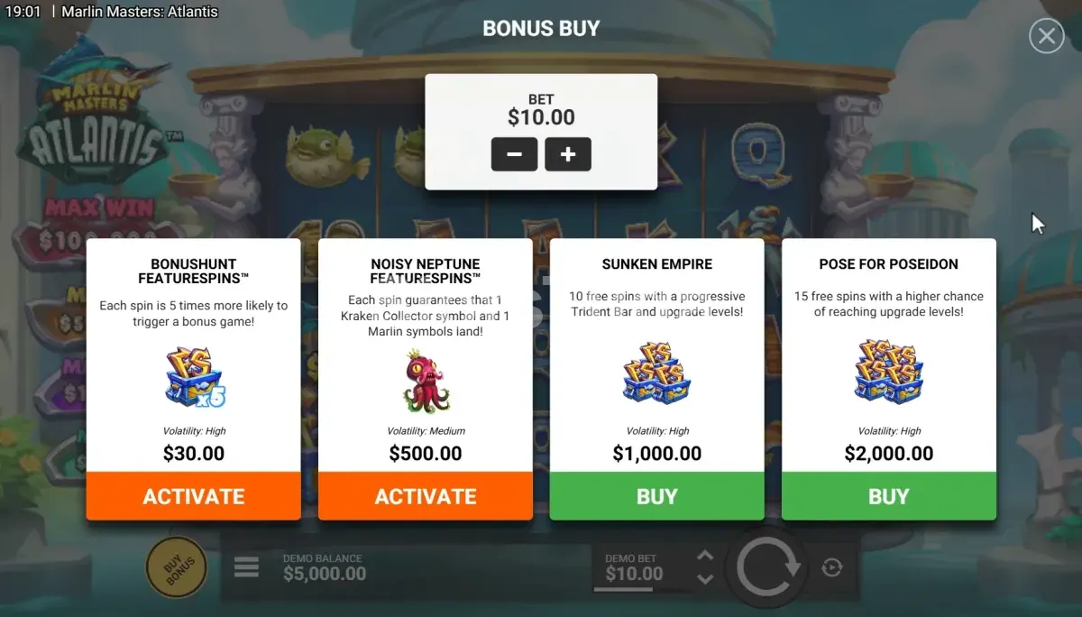 Tela de compra de bônus da Marlin Masters Atlantis com as opções disponíveis