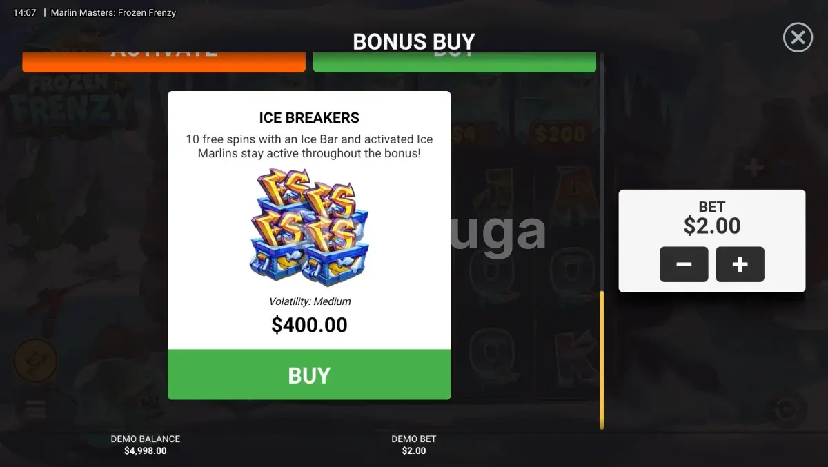 Ecrã de Bonus Buy de Marlin Masters Frozen Frenzy com as opções de compra