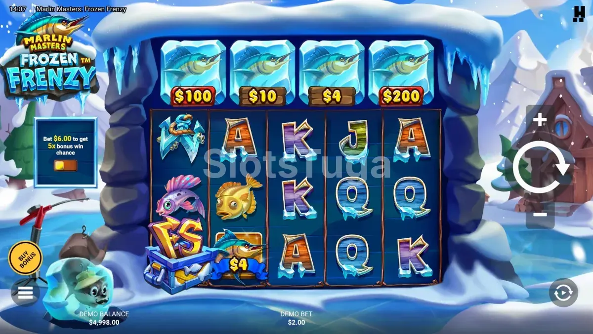 Jogo base de Marlin Masters Frozen Frenzy com a grelha de 5 rolos junto ao lago gelado