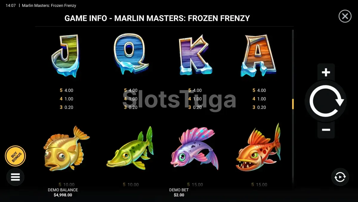 Tabela de pagamentos de Marlin Masters Frozen Frenzy com cartas de madeira e os quatro peixes