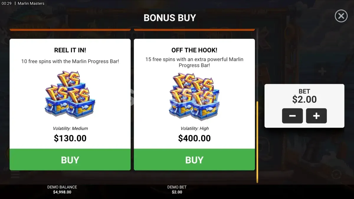 Tela de compra de bônus na Marlin Masters Hacksaw Gaming