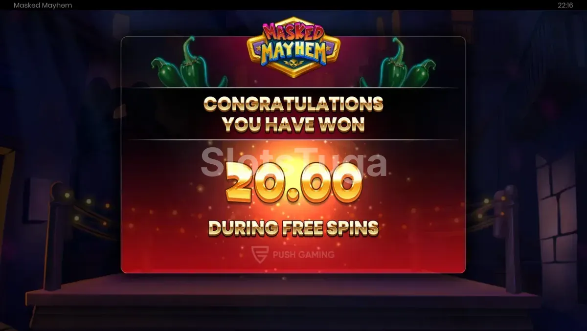 Tela de grande vitória na slot Masked Mayhem