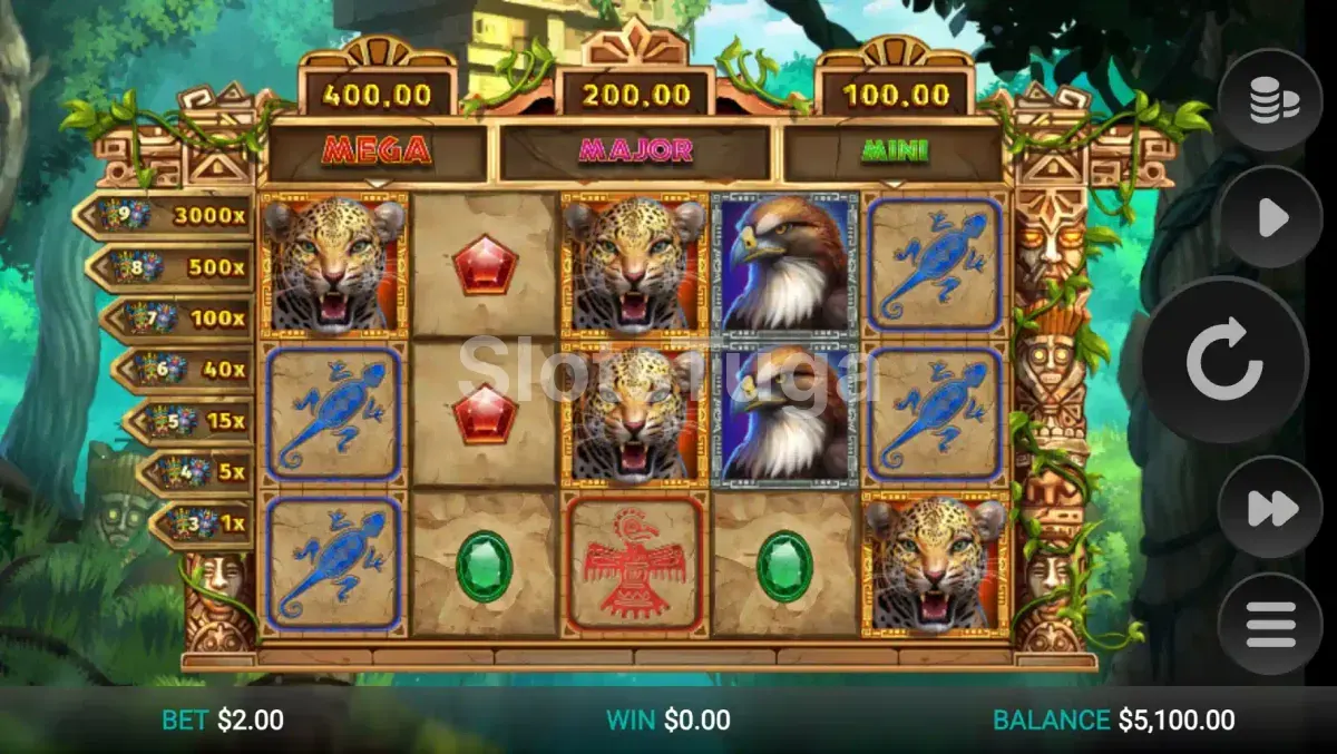 Tela principal do jogo Masked Treasures com o cenário asteca ao fundo