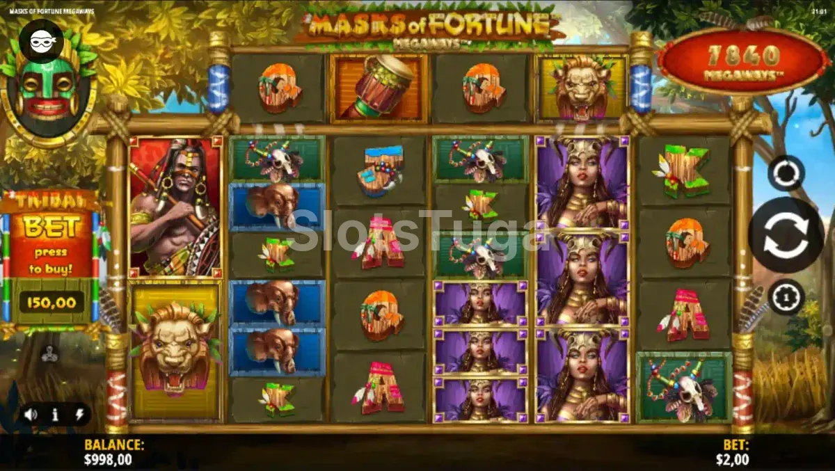 Tela principal do jogo Masks of Fortune Megaways com rouleaux em ação