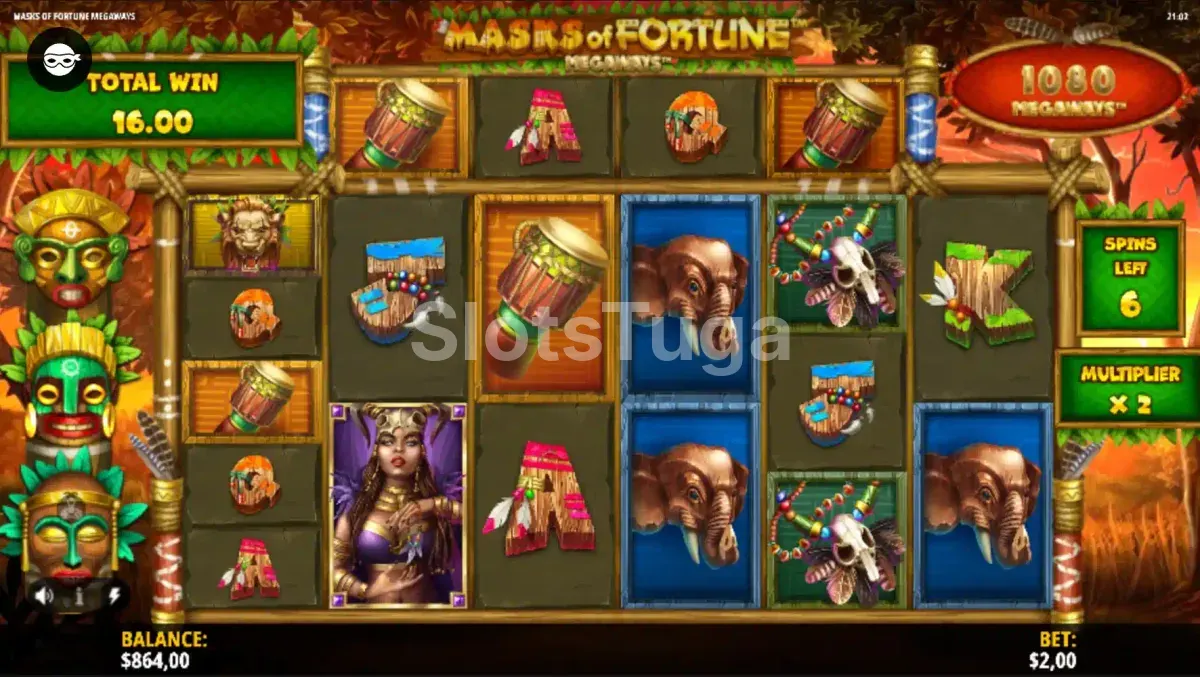 Rodadas grátis ativadas no Masks of Fortune Megaways com multiplicadores