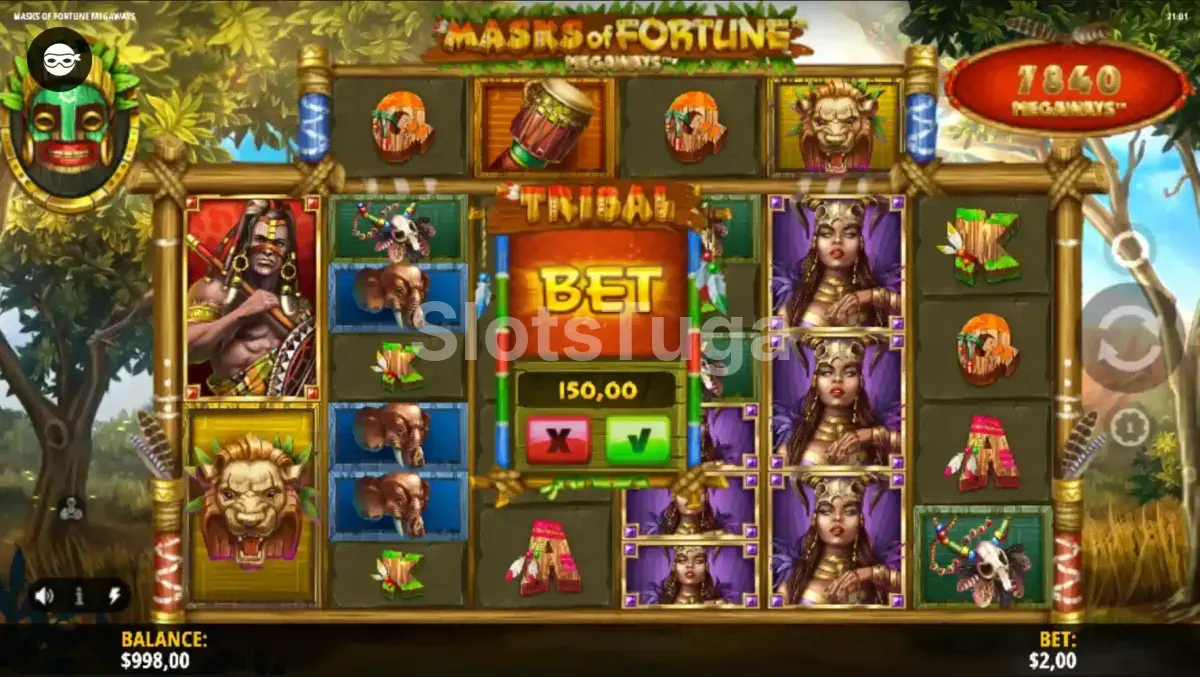Funcionalidade de compra de bônus no Masks of Fortune Megaways