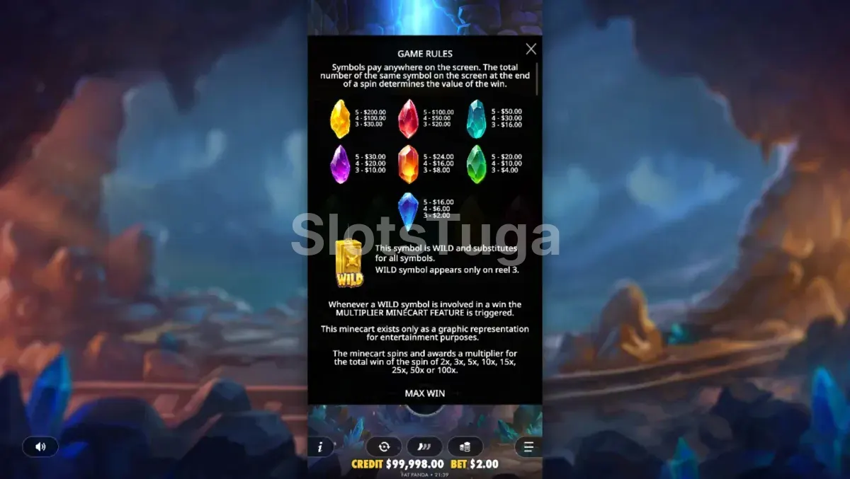 Tabela de pagamentos da slot Master Gems mostrando os símbolos e prêmios