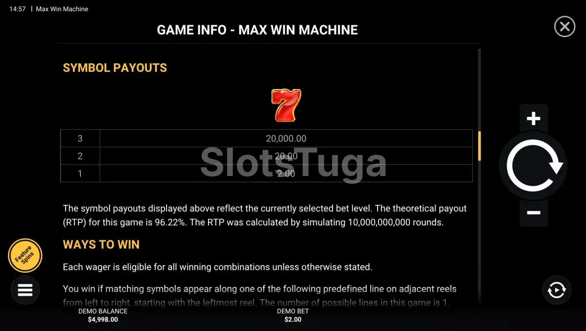 Tabela de pagamentos da Max Win Machine mostrando os Lucky Sevens e seus multiplicadores
