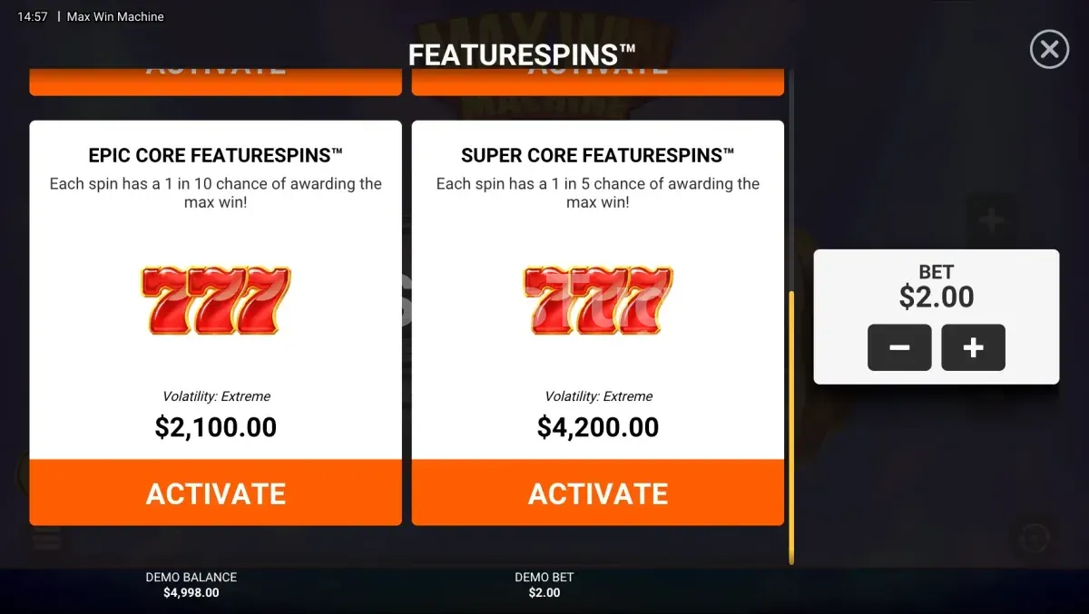 Tela de compra de bônus da Max Win Machine com as quatro opções de Feature Spins