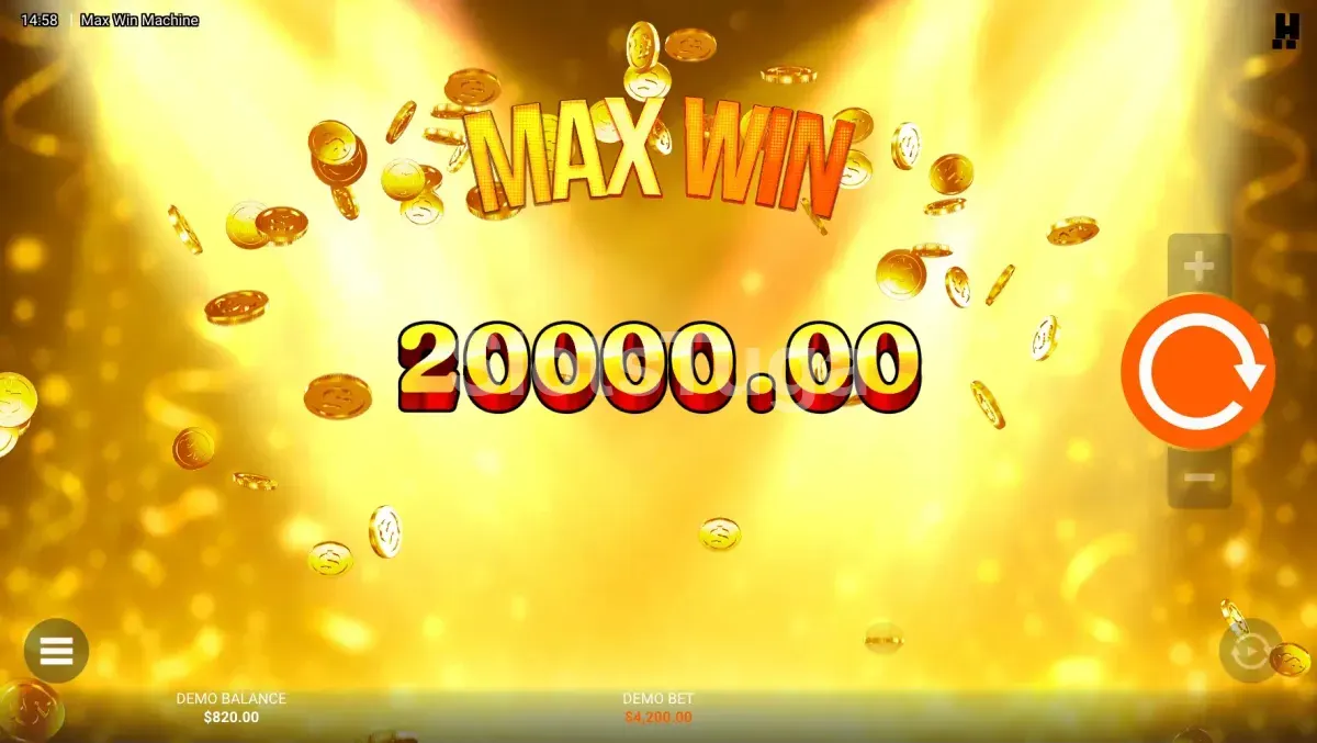 Big Win na Max Win Machine com três Lucky Sevens alinhados para o prêmio máximo