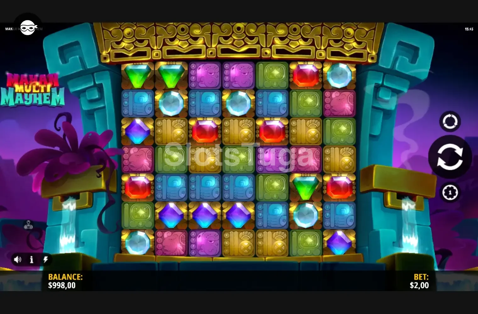 Tela principal da slot Mayan Multi Mayhem com tema maia e rouleaux em ação