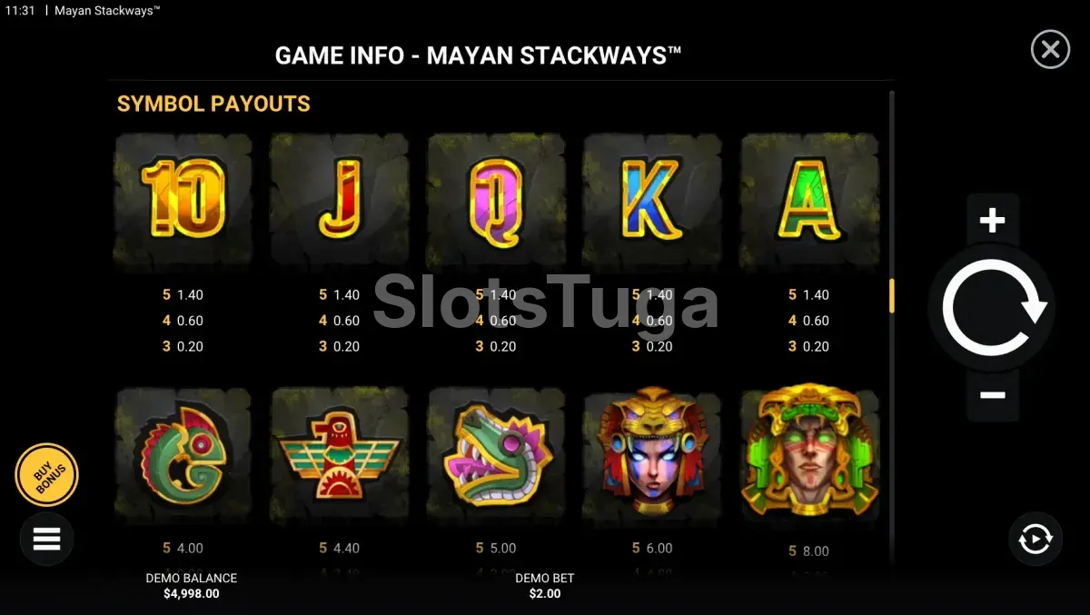 Tabela de pagamentos do Mayan Stackways mostrando os símbolos e seus valores