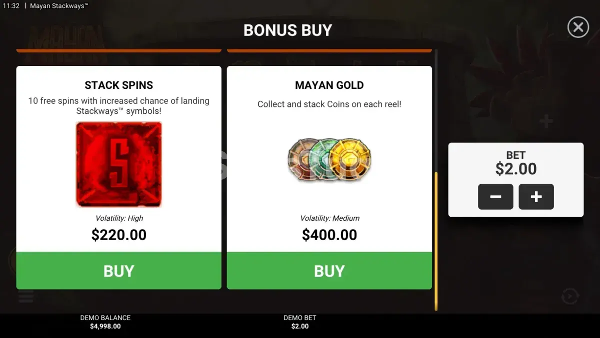 Tela de compra de bônus do Mayan Stackways com as opções disponíveis