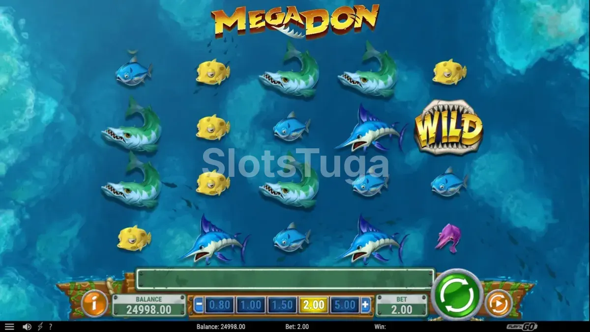 Jogo base da slot Mega Don com tubarões nos rolos