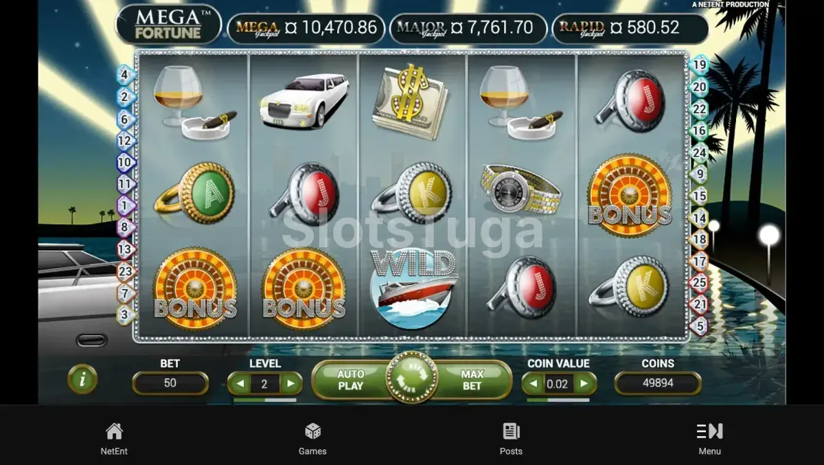 Jogo base da Mega Fortune Dreams mostrando os rouleaux e símbolos de luxo