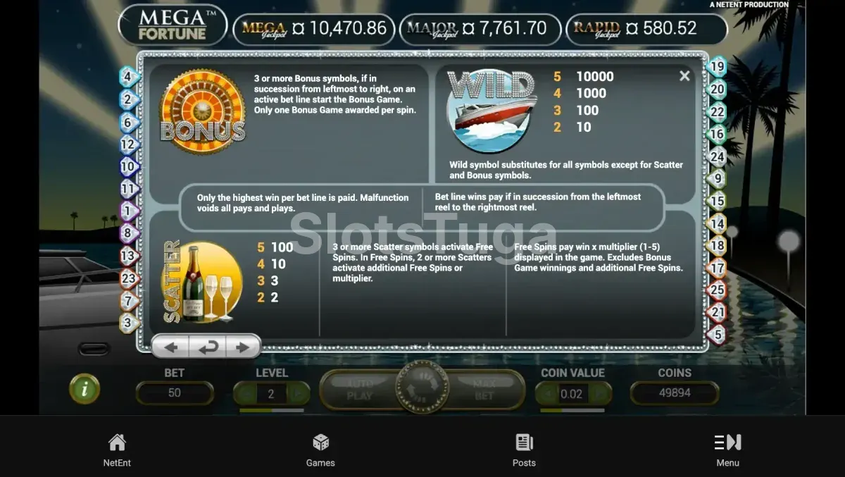 Tabela de pagamentos da Mega Fortune Dreams com todos os símbolos e valores