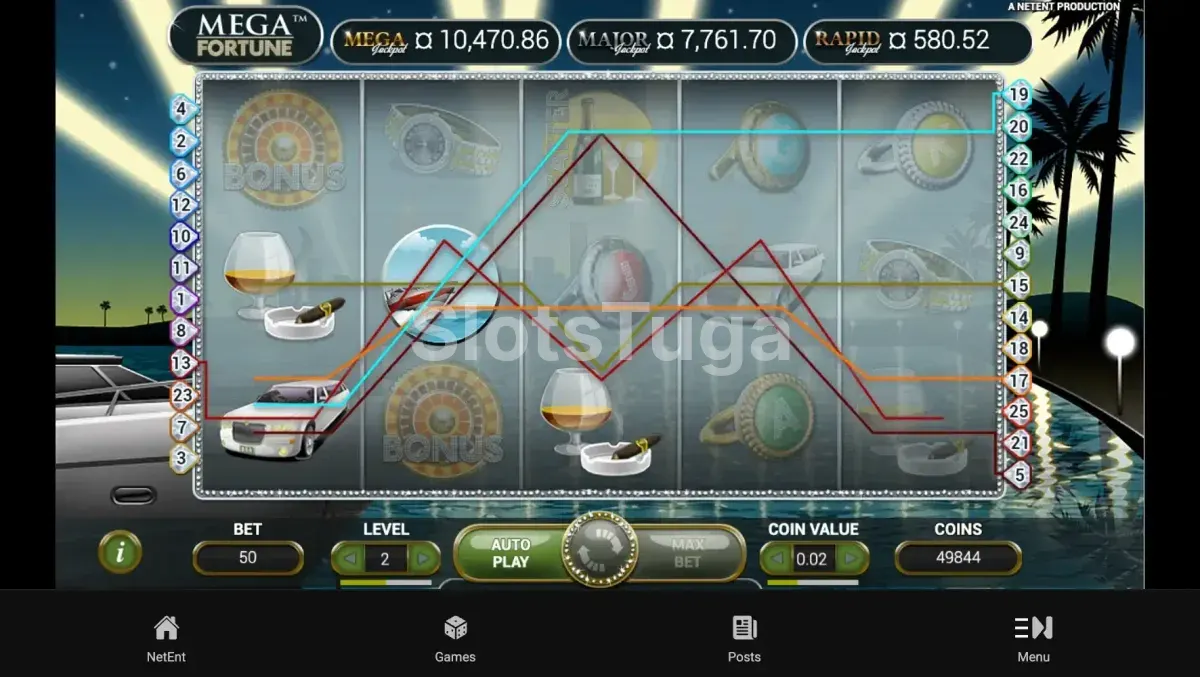 Segunda tela do jogo base da Mega Fortune Dreams com os símbolos wild de palmeiras visíveis