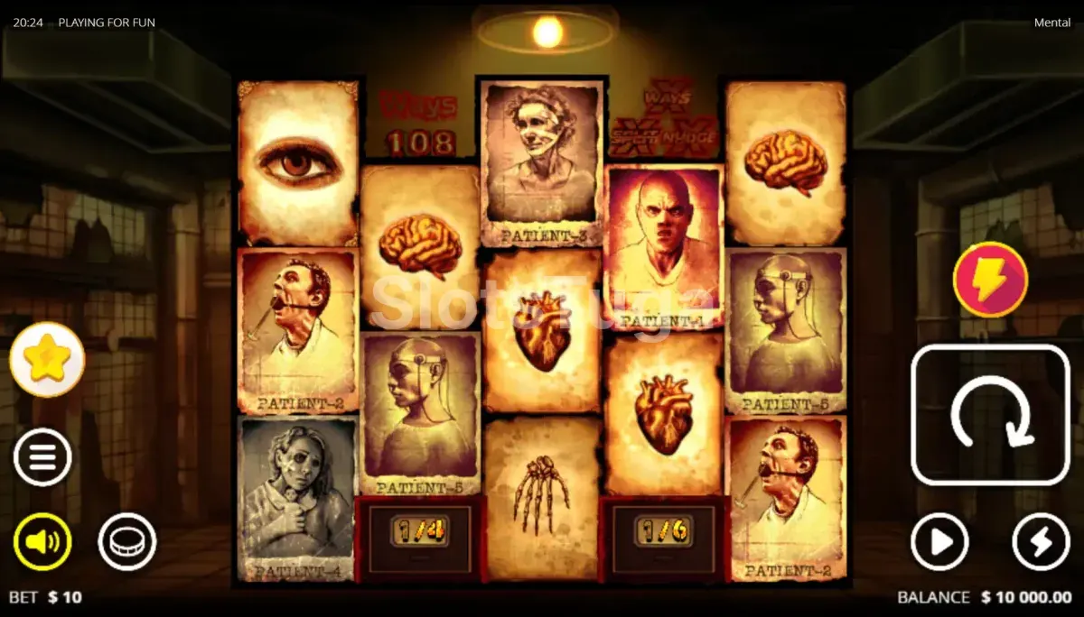 O jogo base de Mental: fichas de pacientes numeradas, cérebros e corações nos rolos, e o contador de 108 formas de ganhar no topo.