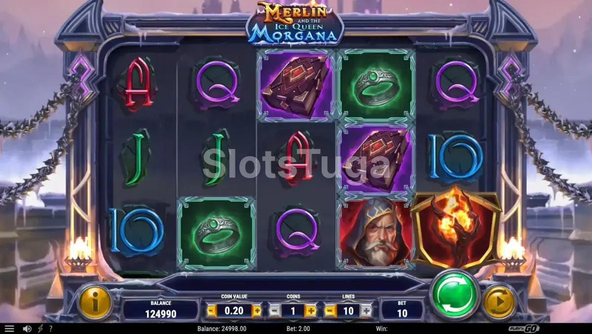 Merlin and the Ice Queen Morgana com símbolos do jogo base expandindo nos rolos