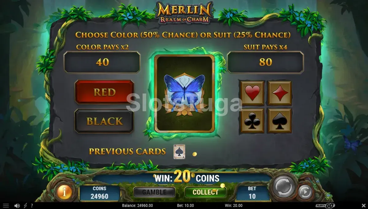 Função de aposta dupla gamble na slot Merlin Realm of Charm