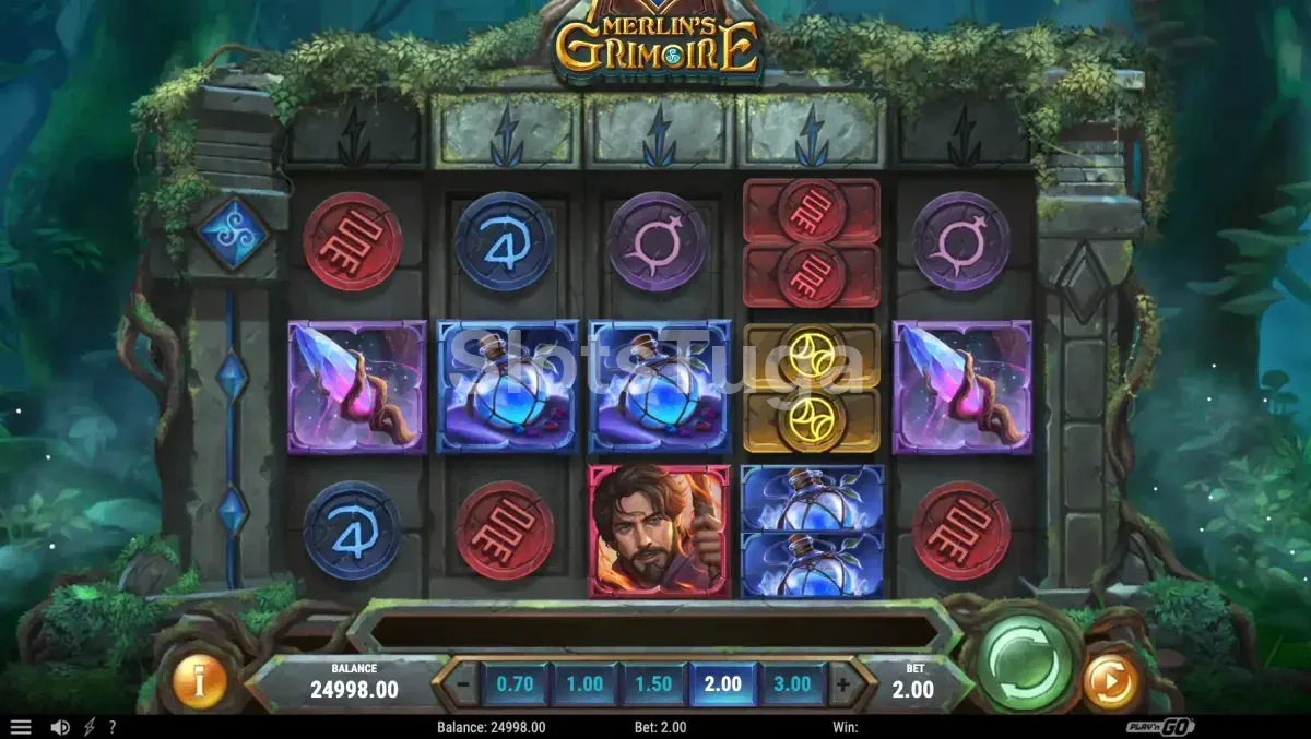 Jogo base da slot Merlin's Grimoire com grade coberta de hera