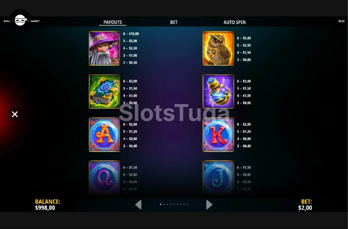 Tabela de pagamentos da Merlin's Magic Mirror Megaways com símbolos e valores