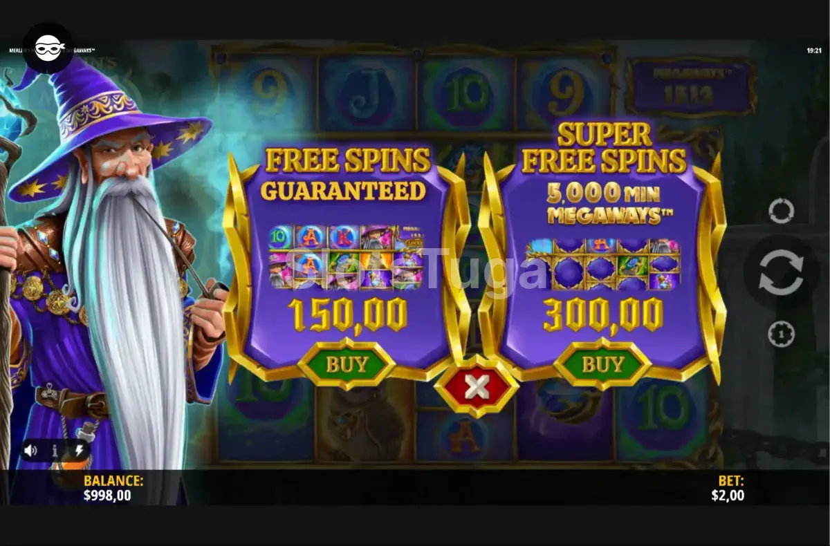 Tela de compra de bônus da Merlin's Magic Mirror Megaways