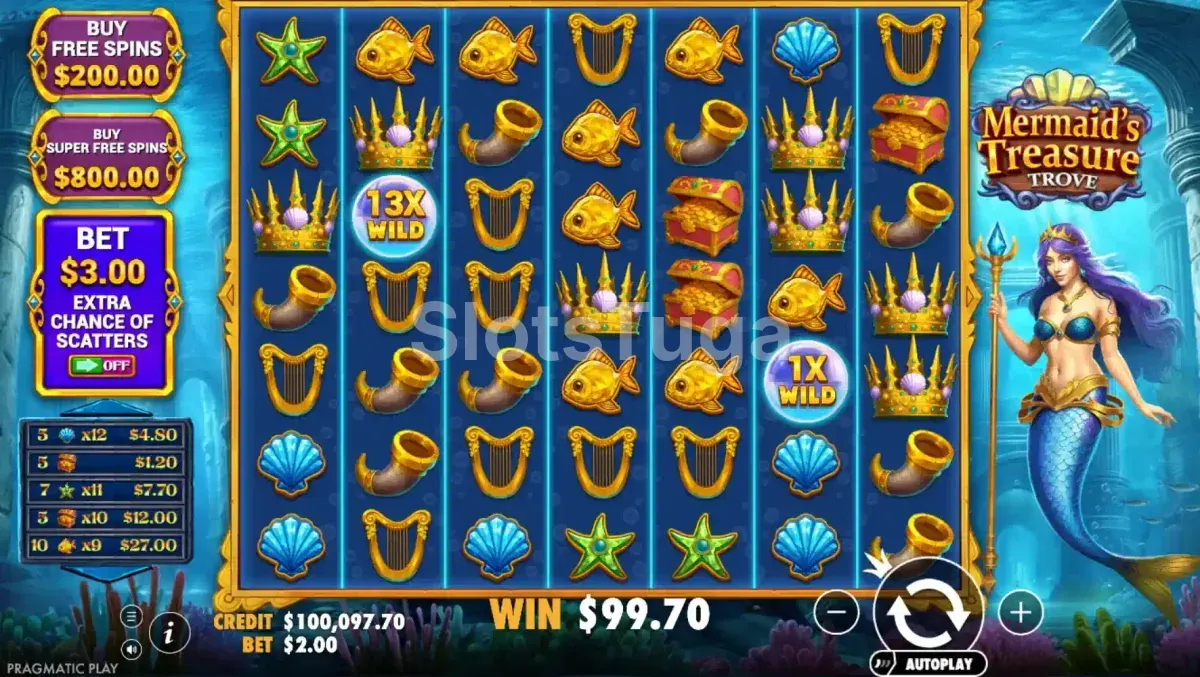 Jogo base da Mermaid's Treasure Trove com grid 7x7 iluminado