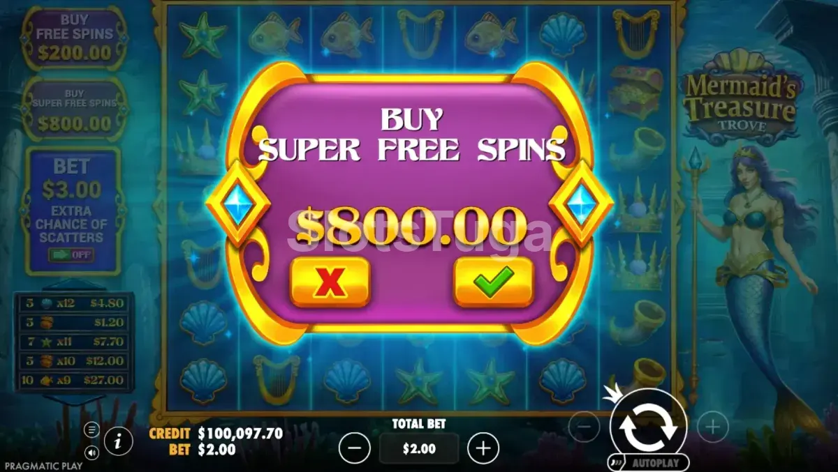 Tela de compra de bônus da Mermaid's Treasure Trove com opções de free spins e super free spins