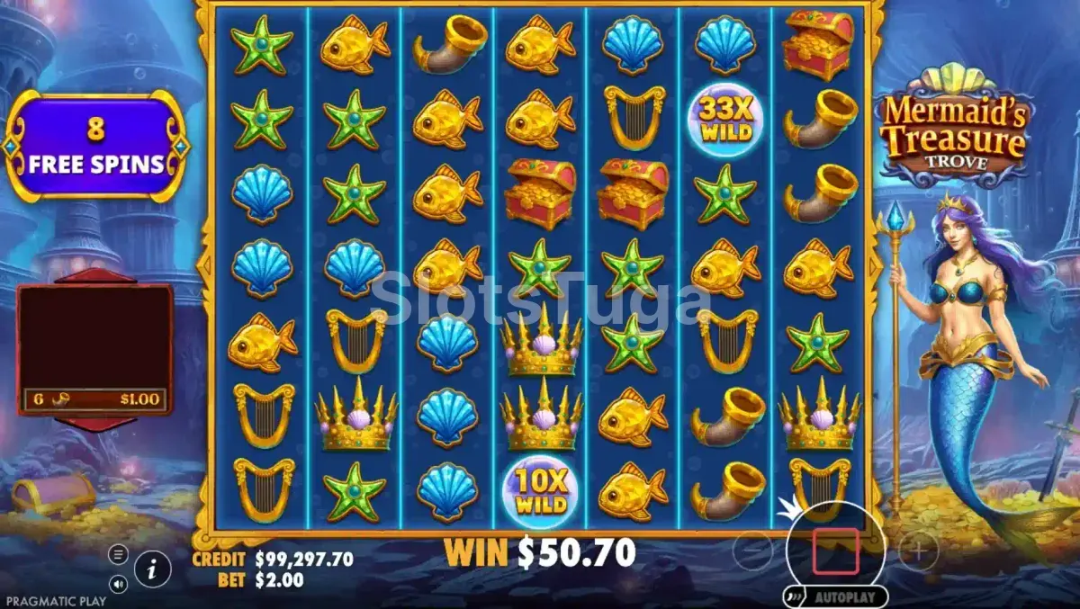 Rodadas grátis ativas na Mermaid's Treasure Trove com wilds multiplicadores acumulados