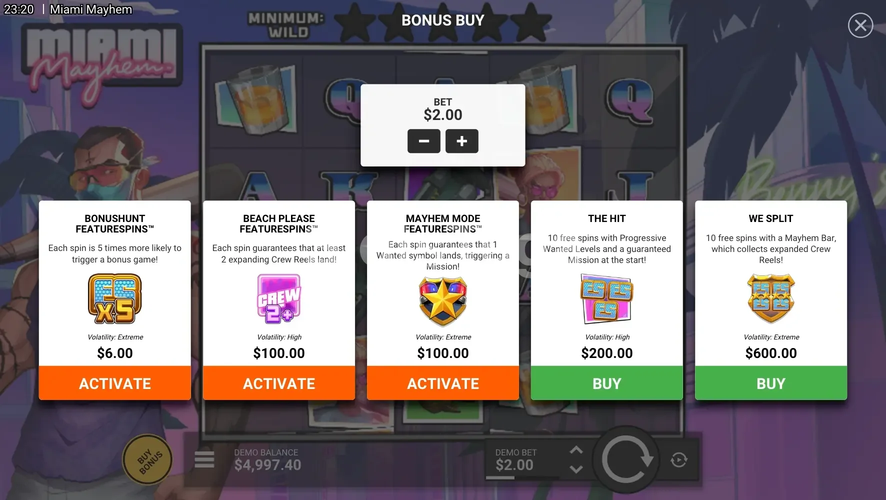 Menu de compra de bônus da Miami Mayhem com todas as opções disponíveis