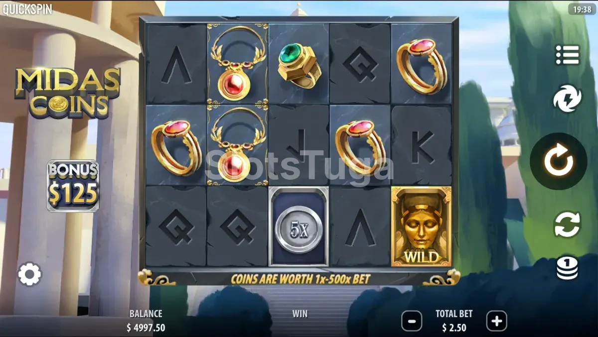 Jogo base da slot Midas Coins da Quickspin