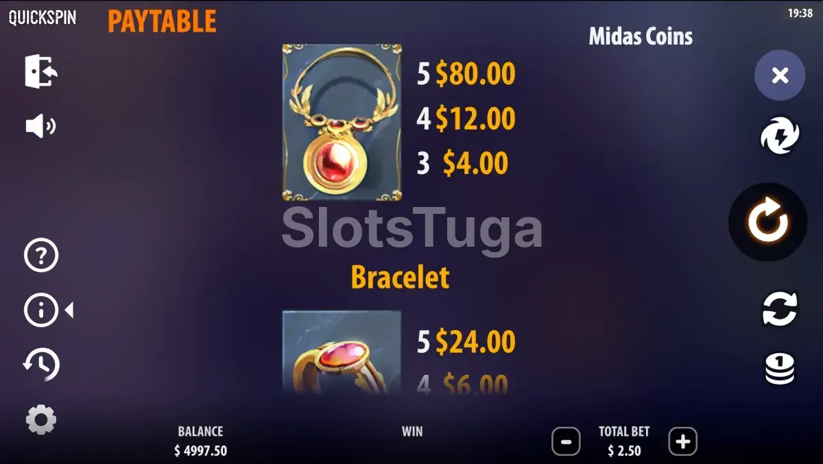 Tabela de pagamentos da Midas Coins da Quickspin