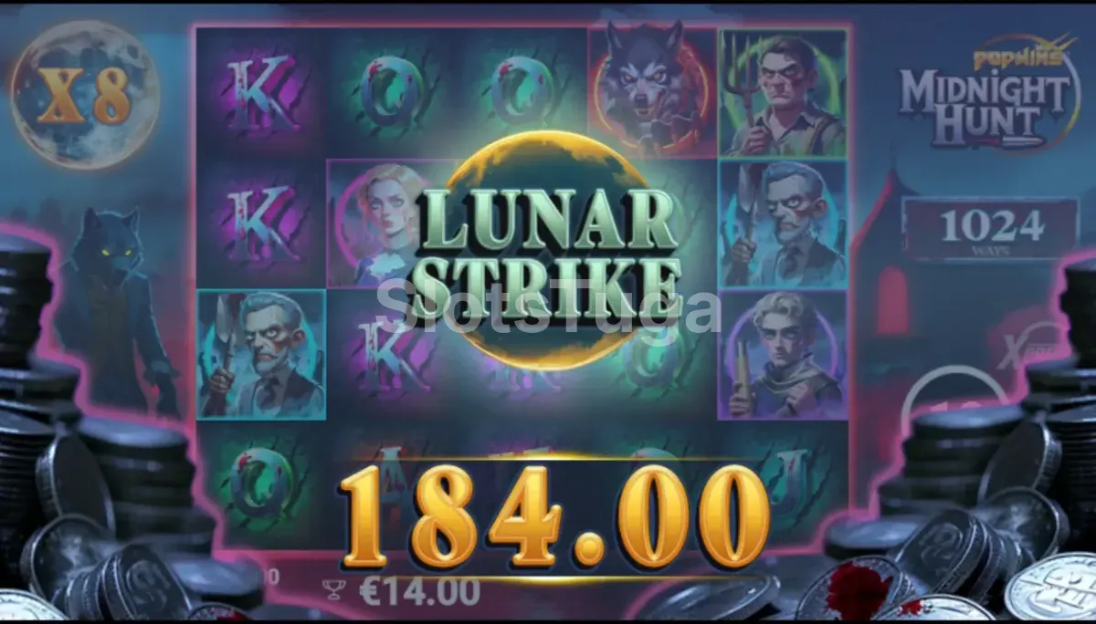 Tela de big win na Midnight Hunt com premiação expressiva