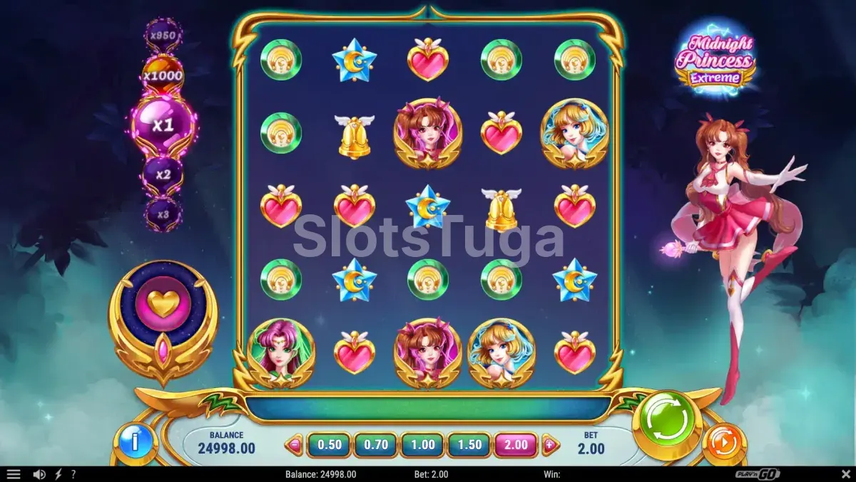 Tela principal do jogo Midnight Princess Extreme mostrando o grid em ação
